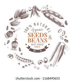Seeds and beans wreath composition with hand drawn plants and type design