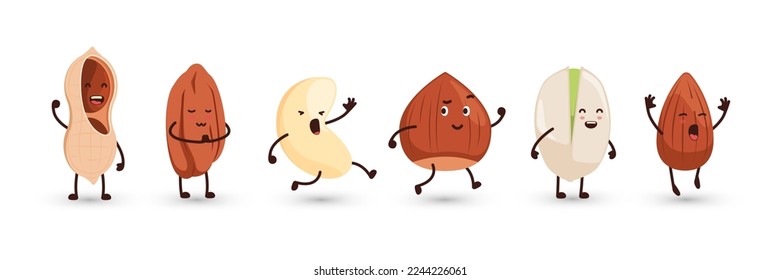 Seeds characters. Cartoon funny nut grain icons with smiling faces, cute almond walnut peanut mascots with arms and legs. Vector isolated set of cartoon seed nutrition characters illustration