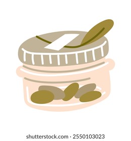 Seeds in a closed glass jar. Storage of food products without waste in glass jars. sprouted leaf on the lid. Certain seeds for herbarium storage, dried flowers, scrapbooking. Vector flat illustration