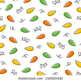 Seeds. Cute multicolored vector pattern with sunflower seeds and graphic elements on white background.