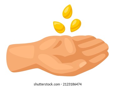 Seeds fall into hand. Agricultural planting illustration.