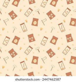 Seeds flowers, plant seamless pattern. Spring horticulture items endless background. Planting vegetables at home loop cover. Vector hand drawn flat illustration.