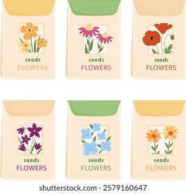 Seeds of garden flowers in a paper bags. Set of flower seeds packages isolated on white background. Vector illustration. 