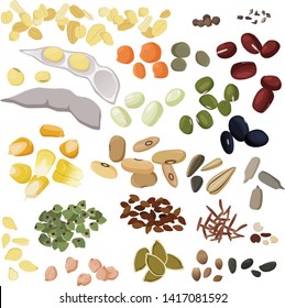 Seeds of hemp, chia, pumpkin, sunflower, sesame, flax. Green, white, red, black and soy beans. Buckwheat ,oats flakes and lentil , rice and quinoa, corn and chickpeas grains. Cracked and a whole black