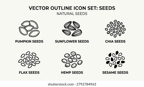 Seeds icon set with black outlines showing pumpkin sunflower chia flax hemp and sesame seeds for healthy eating concept