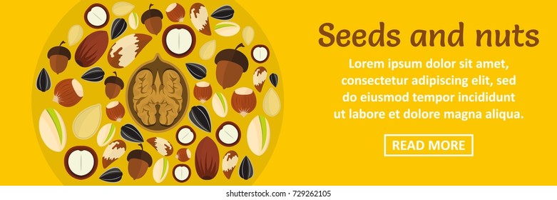 Seeds and nuts banner horizontal concept. Flat illustration of seeds and nuts banner horizontal vector concept for web design