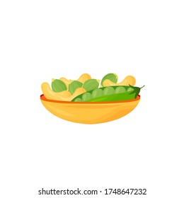 Seeds, nuts, beans in bowl cartoon vector illustration. Cashews and green peas in plate flat color object. Vegan diet. Sources of vegetable protein isolated on white background
