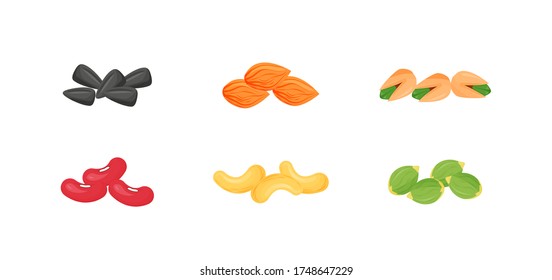 Seeds, nuts, beans cartoon vector illustrations set. Sunflower and pumpkin seeds. Almonds, pistachios, cashews flat color objects. Source of protein and oil. Healthy meal isolated on white background