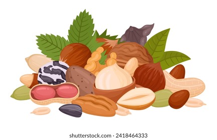 Seeds and nuts handful. Raw nuts bunch, almond, peanut, cashew and walnut mix, organic vegetarian nuts mix flat vector illustration on white
