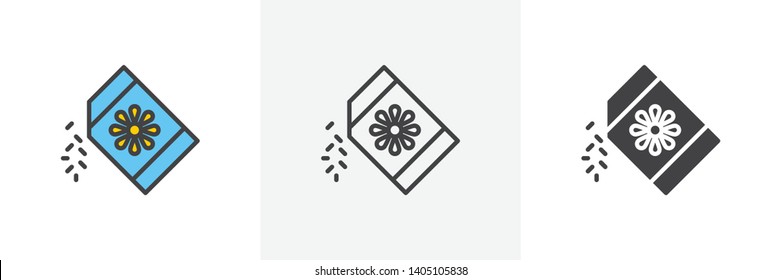 Seeds pack icon. Line, glyph and filled outline colorful version, sunflower seeds pack outline and filled vector sign. Farming symbol, logo illustration. Different style icons set. Vector graphics