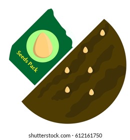 Seeds in the package, seed pods in the ground. Vector illustration