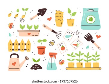 Seeds and seedlings. Germination of sprouts. Tools, pots and soil for planting. Set of isolated vector illustration on white background