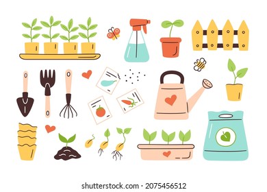 Seeds and seedlings. Germination of sprouts. Tools, pots and soil for planting. Spring sowing works. Set of hand drawn vector illustration isolated on white background.