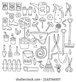 Seeds and seedlings. Germination of sprouts. Tools for planting and caring for them. Set of isolated doodle style vector illustrations on white background