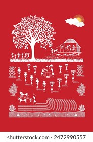 In: Seeds of Sustenance: A Captivating Warli Scene - Farmers Tending the Land. Warli Kunst, ländliche Lebensmalerei Indien, indische Stammeskunst, Warli Dorfszene, Warli.