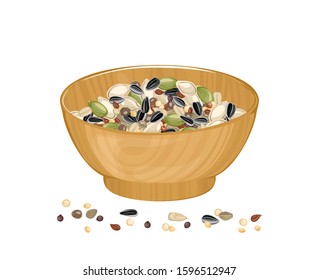 Seeds in wooden bowl. Vector illustration of different seeds in cartoon flat style. Organic healthy food.