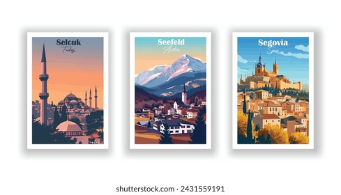 Seefeld, Austria. Segovia, Spain. Selcuk, Turkey - Set of 3 Vintage Travel Posters. Vector illustration. High Quality Prints