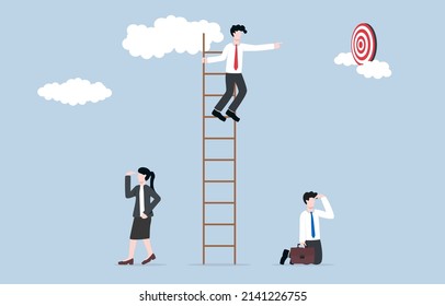 Seeing business goal or opportunity first make more advantage or investment chance concept. Visionary business investor climb up ladder until discover target while others still not find. 