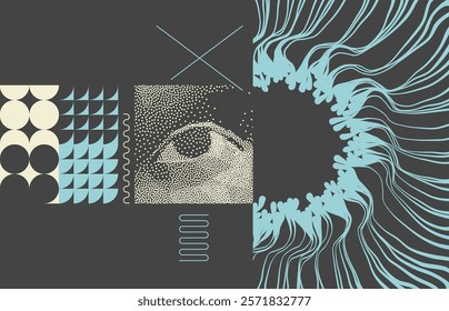 Seeing eye. Digital vision. Security technology and surveillance. Innovative technology. Stipple effect. Art composition. Geometrical background. Portal hole made from many curved strips. 3d vector.