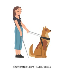 Seeing Eye Dog Guiding Blind Woman, Trained Animal Helping Disabled Person, Rehabilitation, Handicapped Accessibility Cartoon Vector Illustration