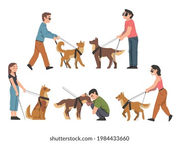 Seeing Eye Dog Guiding Blind People Set, Trained Animal Helping Disabled Person, Rehabilitation, Handicapped Accessibility Cartoon Vector Illustration