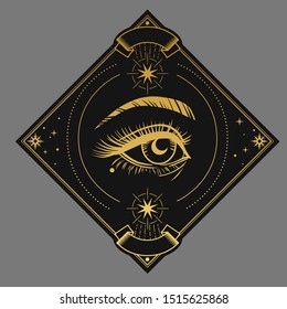 Seeing eye. Vector illustration in dark boho style