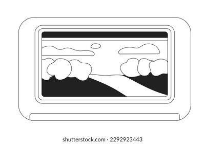 Seeing outside view from window train monochrome flat vector object. Landscape. Editable black and white thin line icon. Simple cartoon clip art spot illustration for web graphic design and animation