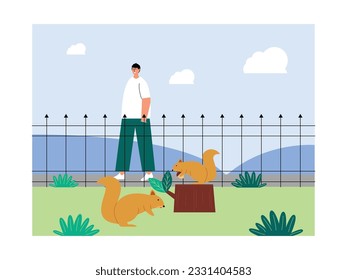 Seeing a squirrel in a cage, male visitor smiling because both squirrels are adorable, zoo vector illustration.