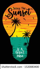 Seeing the sunset beach with a bulb shape, Vector illustration