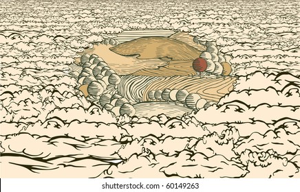 Seeing through the clouds.Hills.Drawing