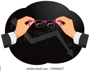 Seeing through rose-colored glasses on the economic downturn. Pink glasses in hands.