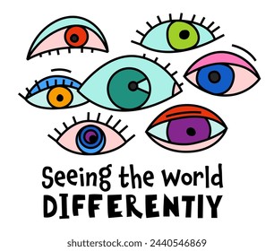 Seeing the world differently. Human mind, experience diversity. Neurodiversity, autism acceptance. Differences in personality characteristics. An inclusive, understanding society. Vector illustration