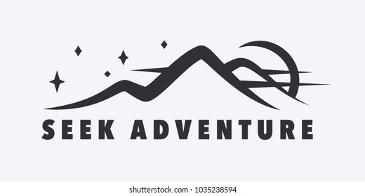 Seek Adventure inspirational wilderness travel message. Mountain and sunset with night stars landscape icon. Vector illustration.