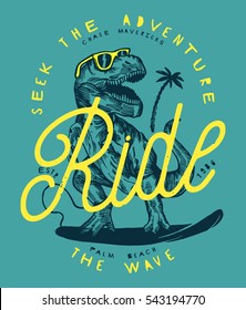 Seek The Adventure - Ride The Wave. T Rex Dinosaur Drawing Surfing Vintage Print In Blue And Yellow Retro Colors.