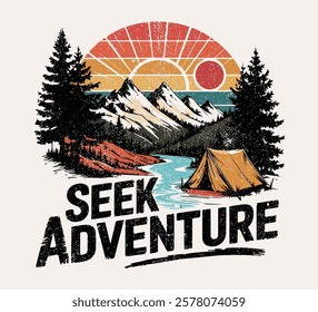 Seek Adventure. Adventure time vector print design. Find the way. Adventure is calling. Outdoor adventure graphic print design. Mountain t-shirt artwork. Wild lake artwork for any kind of print. Mount