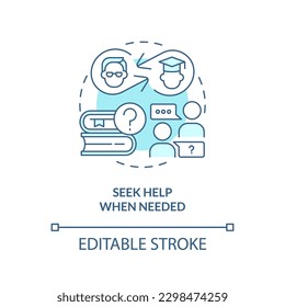 Seek help when needed turquoise concept icon. Student achievement. Asking questions. Learning improvement abstract idea thin line illustration. Isolated outline drawing. Editable stroke