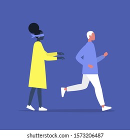 Seek and hide game, a blindfolded character trying to catch another player