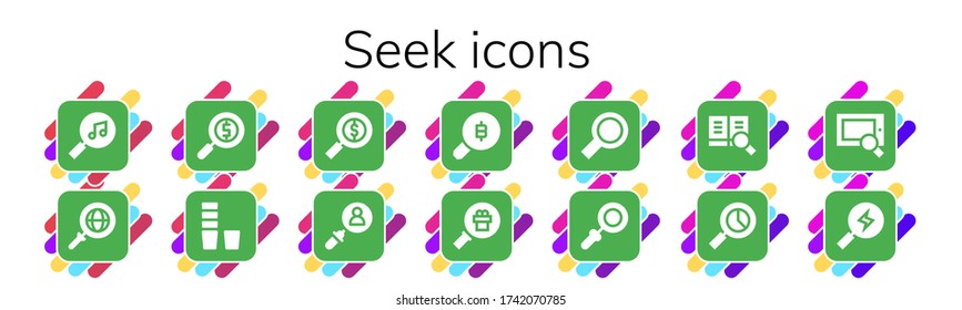 seek icon set. 14 filled seek icons. Included Search, Magnifying glass, Glass icons