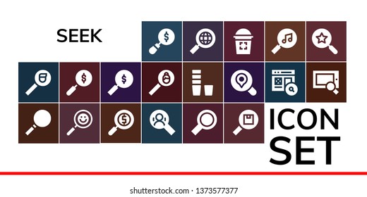 seek icon set. 19 filled seek icons.  Collection Of - Magnifying glass, Search, Loupe, Glass