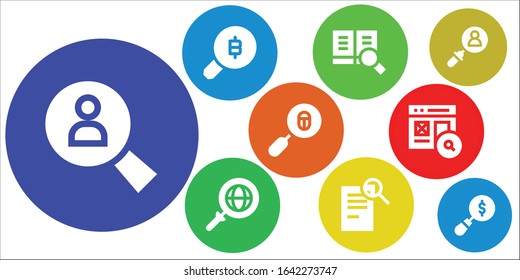 seek icon set. 9 filled seek icons. Included Search, Loupe, Magnifying glass icons