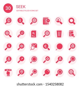 seek icon set. Collection of 30 filled seek icons included Search, Magnifying glass, Loupe, Glass, Searching, Find