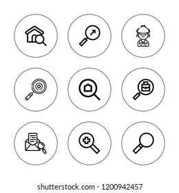 Seek icon set. collection of 9 outline seek icons with detective, loupe, search icons. editable icons.