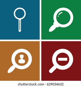 Seek icons set. set of 4 seek filled icons such as magnifier, zoom out, user search