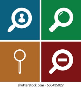 Seek icons set. set of 4 seek filled icons such as magnifier, zoom out, user search