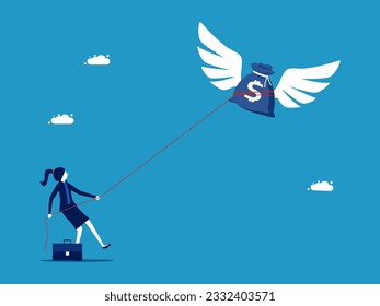 Seek profit. businesswoman uses a rope to tie a bag of money to prevent from escaping