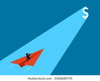 Seek profit. man drives a paper plane to a money gate with a beam of light