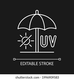 Seek shade white linear icon for dark theme. Hide under umbrella while on beach during summer. Thin line customizable illustration. Isolated vector contour symbol for night mode. Editable stroke