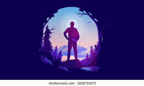 Seeking adventure - Male adventurer in landscape looking to explore and live live. Enjoy nature, hiking and wanderlust concept. Vector illustration.