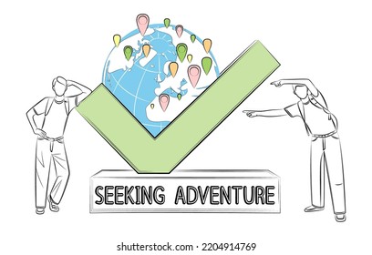 Seeking Adventure. Two young men travel world in search of exciting adventures. Editable template about loving anything. Traveling around world without limits. Photo against background of sights