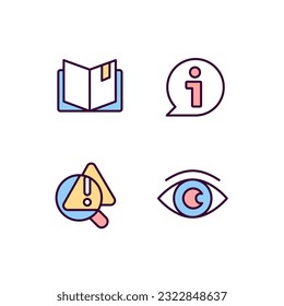 Seeking for answers pixel perfect RGB color icons set. Problem identification. Information and data. Planner. Isolated vector illustrations. Simple filled line drawings collection. Editable stroke